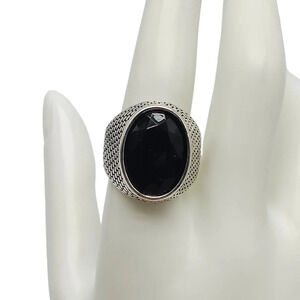 Black Faceted Rhinestone Tiny Brick Design Silver Tone Ring Size 10 Vintage